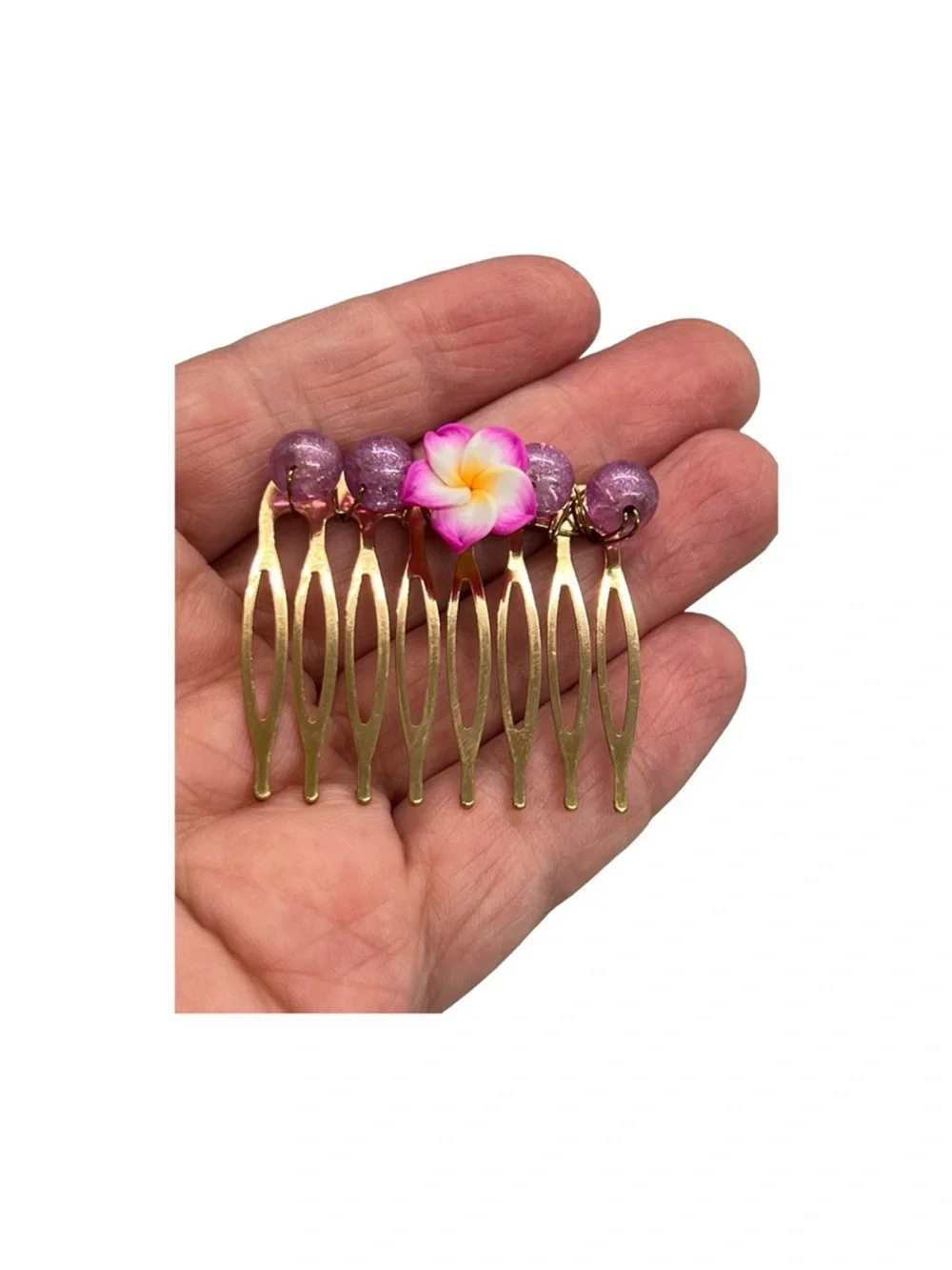 Gold Hair Comb with Pink Flower and Purple Beads 2.0” FINAL PRICE DROP